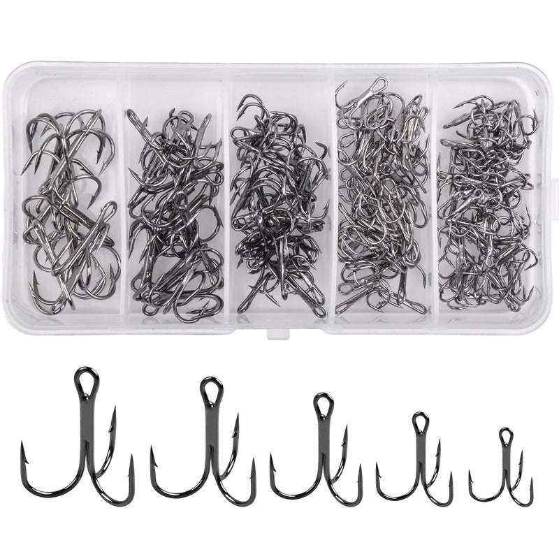 Shaddock Fishing Fishing Treble Hooks Assortment, Sharp Brabed Triple Fishing Hooks Set High Carbon Steel Round Bend for Trout Catfish Lures Freshwater Saltwater, Assorted Size 4 6 8 10 12, 150pcs, Black - Image 1
